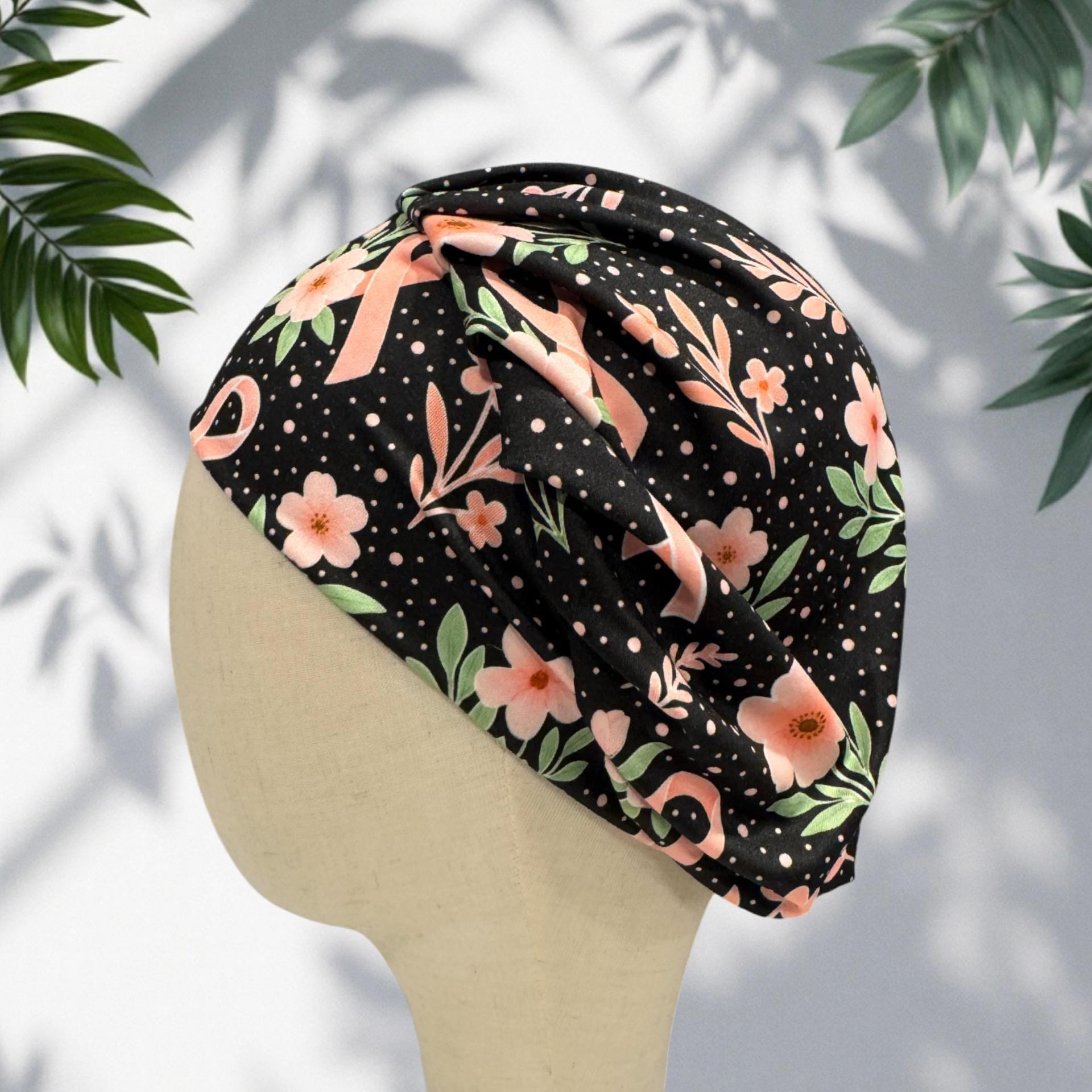 Pink Ribbon Floral Bouffant Scrub Cap, Breast Cancer Awareness Surgical Hat, Floral Nurse Scrub Cap