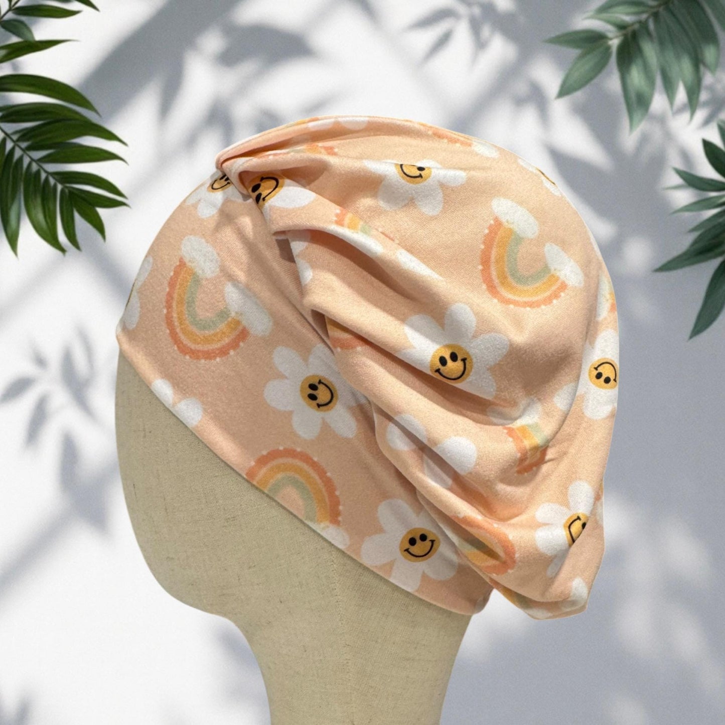 Smiley Daisy Bouffant Scrub Cap, Rainbow Floral Surgical Hat, Retro Nurse Scrub Cap, Women’s Scrub Hat