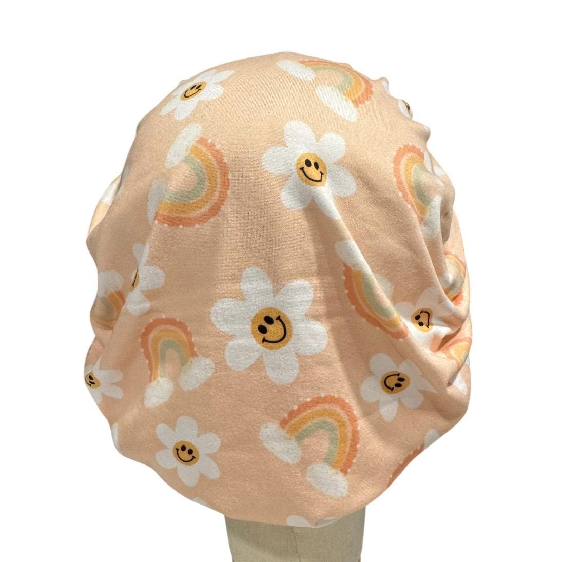 Smiley Daisy Bouffant Scrub Cap, Rainbow Floral Surgical Hat, Retro Nurse Scrub Cap, Women’s Scrub Hat