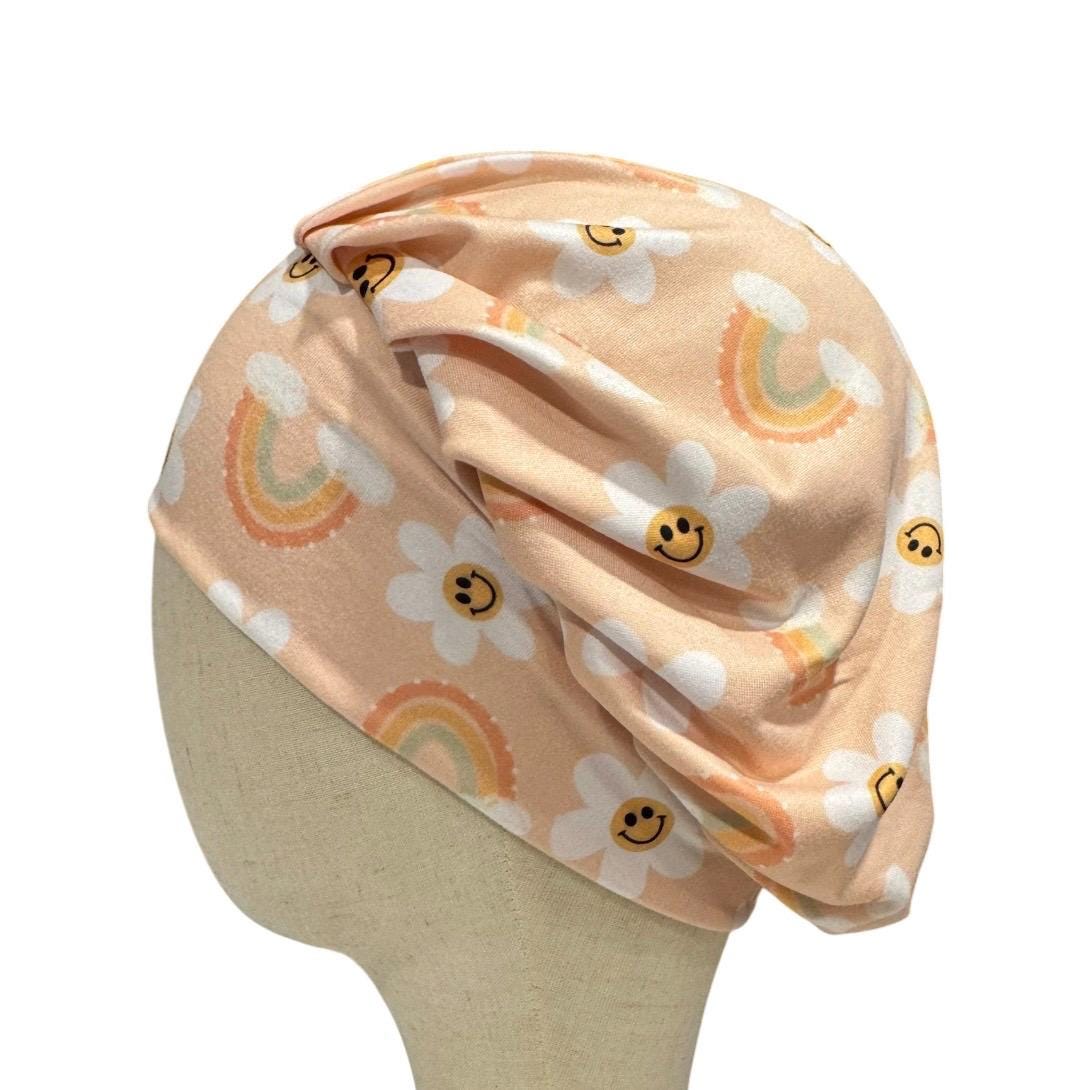 Smiley Daisy Bouffant Scrub Cap, Rainbow Floral Surgical Hat, Retro Nurse Scrub Cap, Women’s Scrub Hat