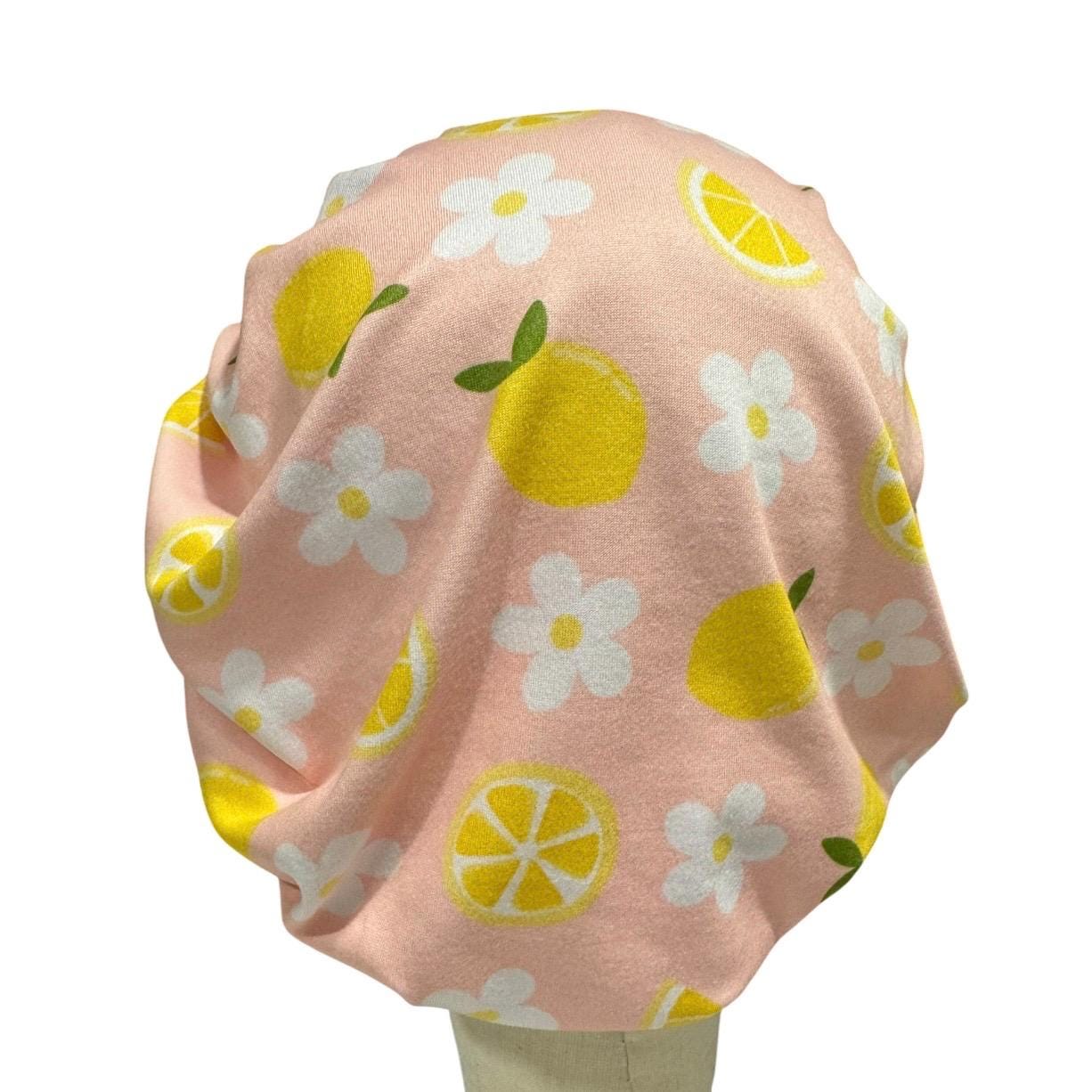 Lemon Bouffant Scrub Cap | Floral Nurse Scrub Hat | Cute Summer Surgical Cap | Stretch Scrub Hat Pink