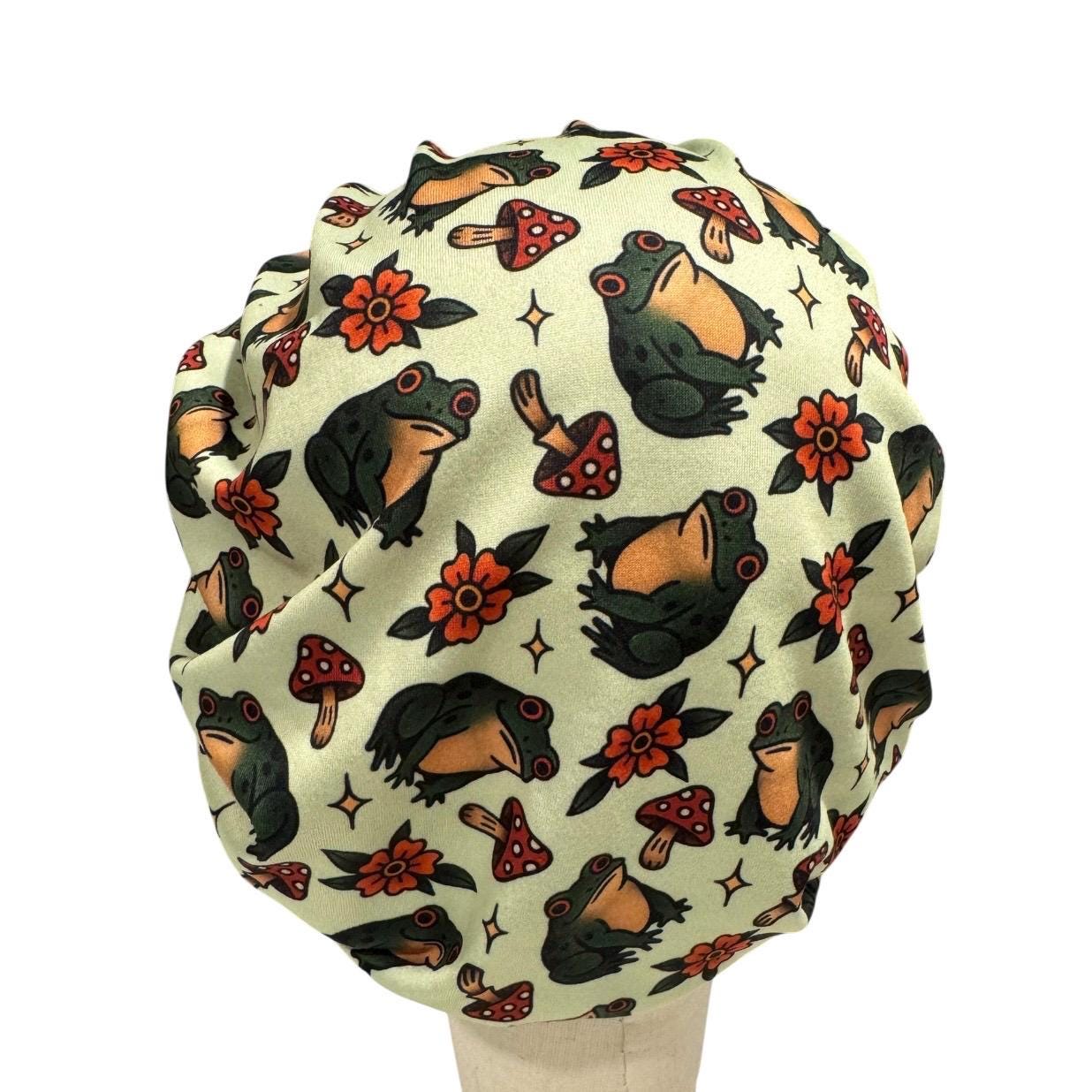 Frog Mushroom Bouffant Scrub Cap | Headband Style Nurse Scrub Hat | Woodland Surgical Cap | Cute Frog Scrub Hat