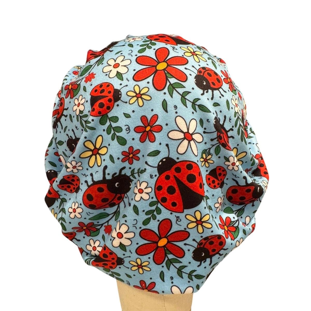 Ladybug on blue Bouffant Scrub Cap, Surgical Cap, Ponytail Scrub Hat, Medical Cap