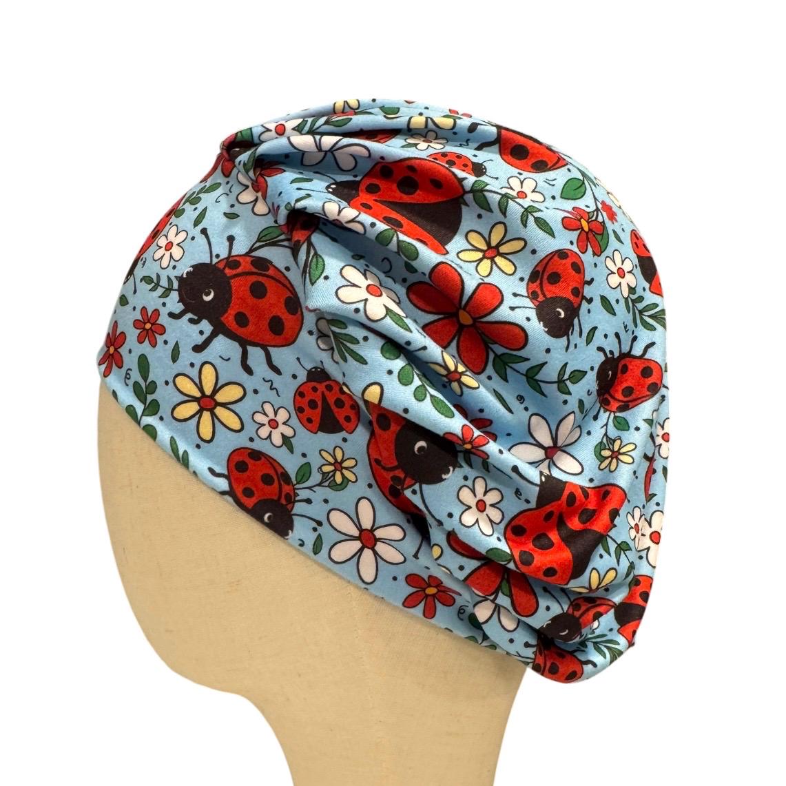Ladybug on blue Bouffant Scrub Cap, Surgical Cap, Ponytail Scrub Hat, Medical Cap