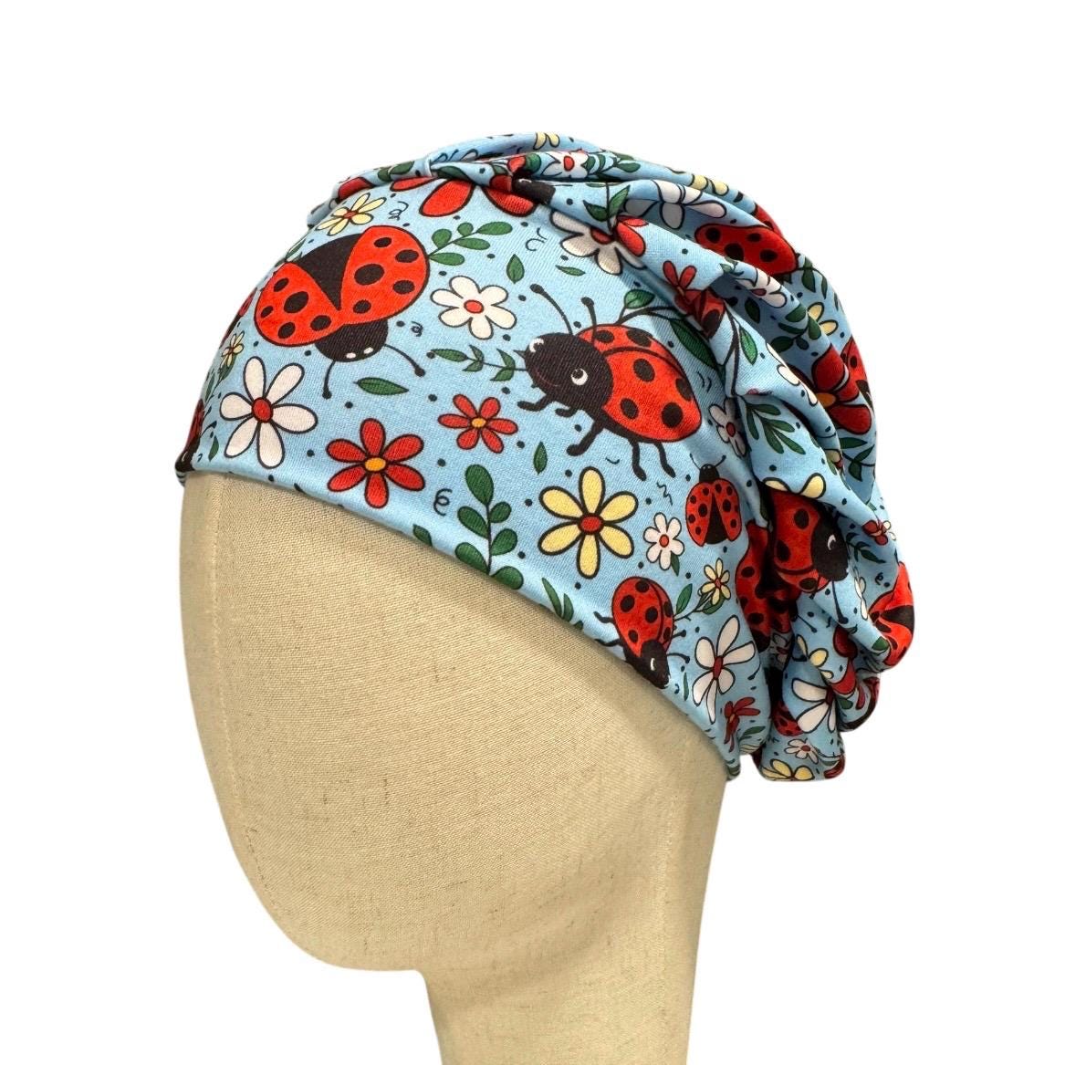 Ladybug on blue Bouffant Scrub Cap, Surgical Cap, Ponytail Scrub Hat, Medical Cap
