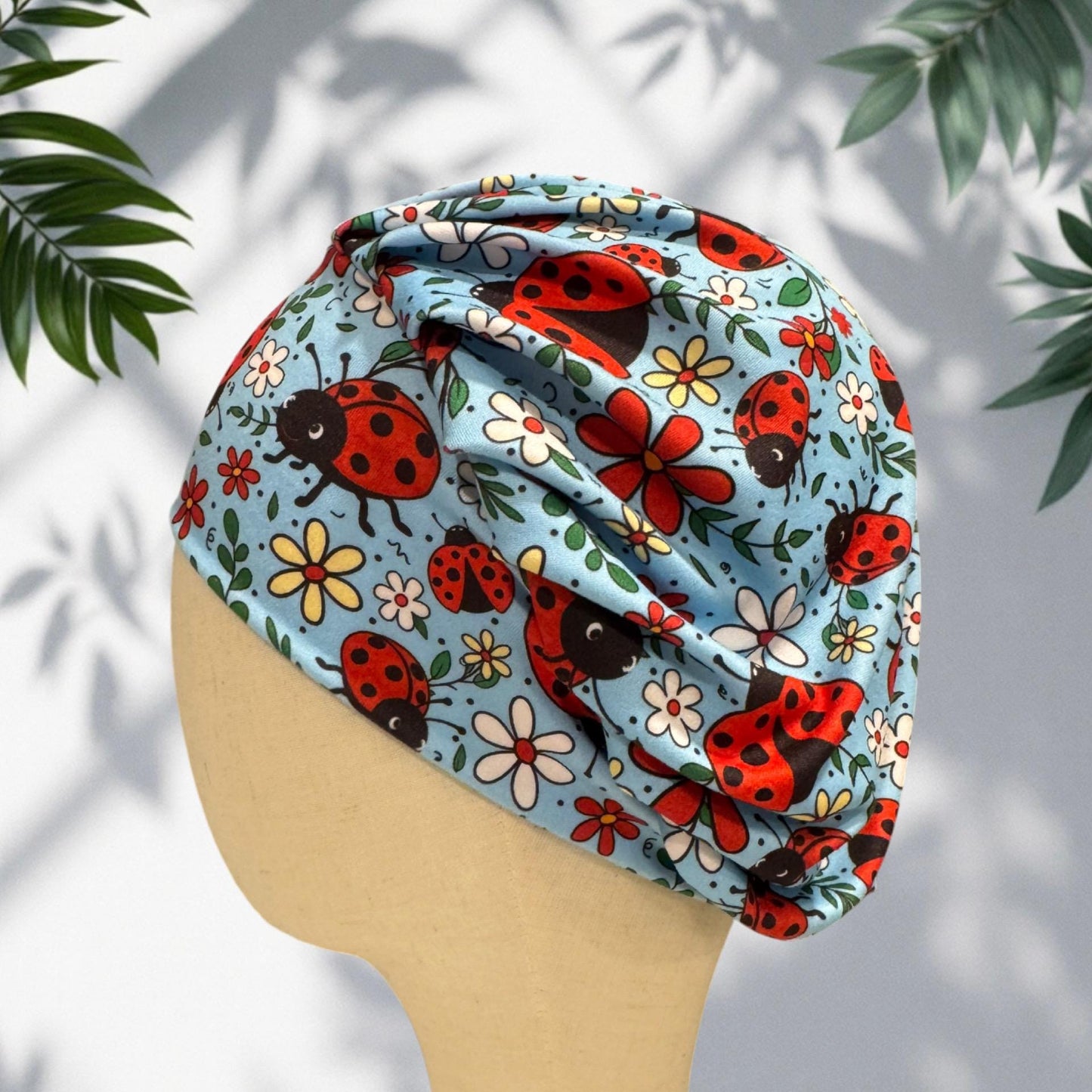 Ladybug on blue Bouffant Scrub Cap, Surgical Cap, Ponytail Scrub Hat, Medical Cap