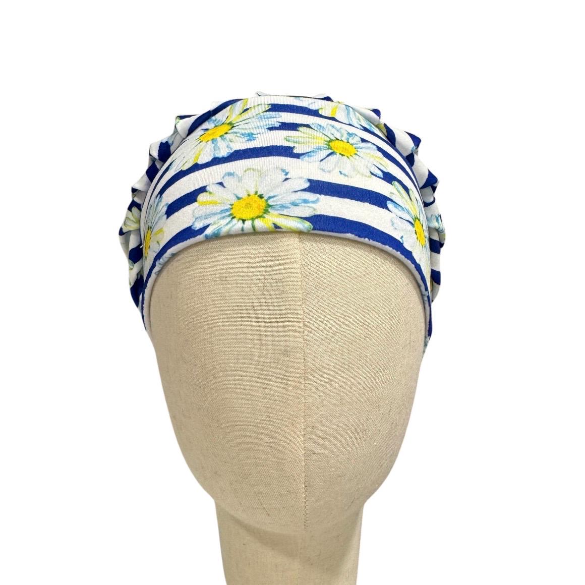 Daisy Bouffant Scrub Cap, Blue Stripe Floral Surgical Hat, Summer Flower Scrub Cap, Headband Style OR Cap
