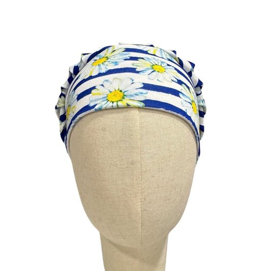Daisy Bouffant Scrub Cap, Blue Stripe Floral Surgical Hat, Summer Flower Scrub Cap, Headband Style OR Cap