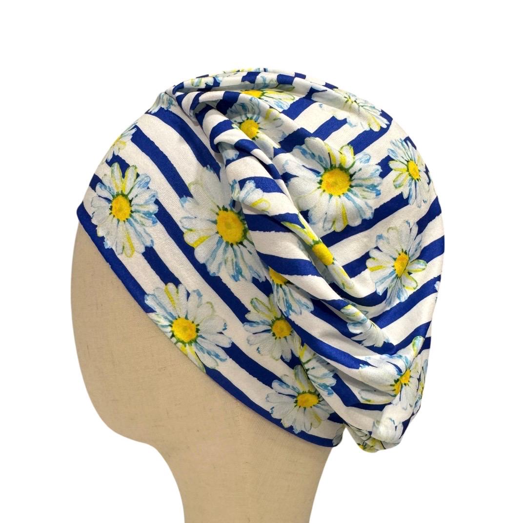 Daisy Bouffant Scrub Cap, Blue Stripe Floral Surgical Hat, Summer Flower Scrub Cap, Headband Style OR Cap