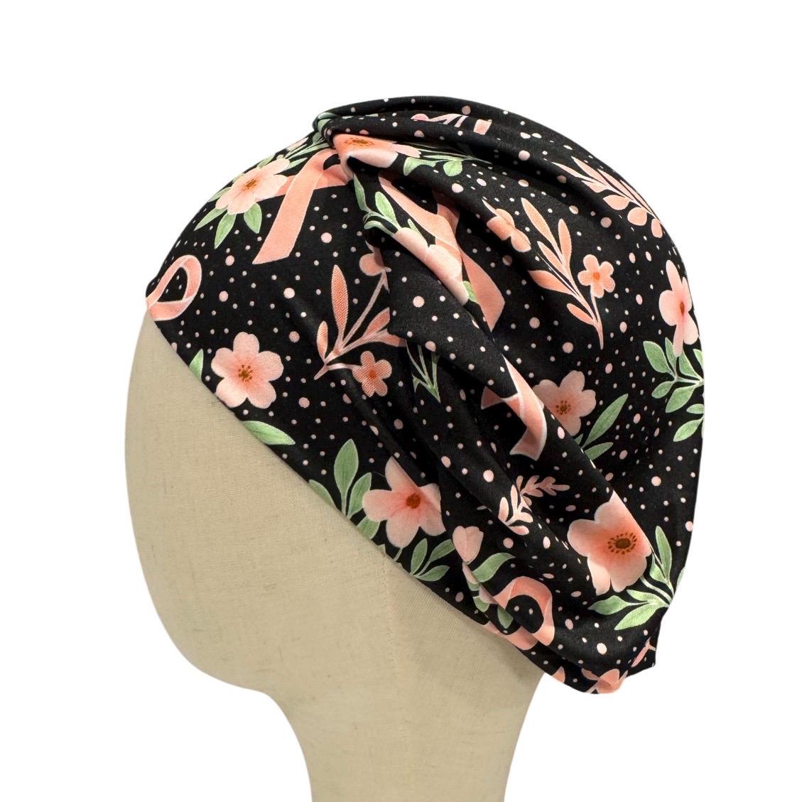 Pink Ribbon Floral Bouffant Scrub Cap, Breast Cancer Awareness Surgical Hat, Floral Nurse Scrub Cap