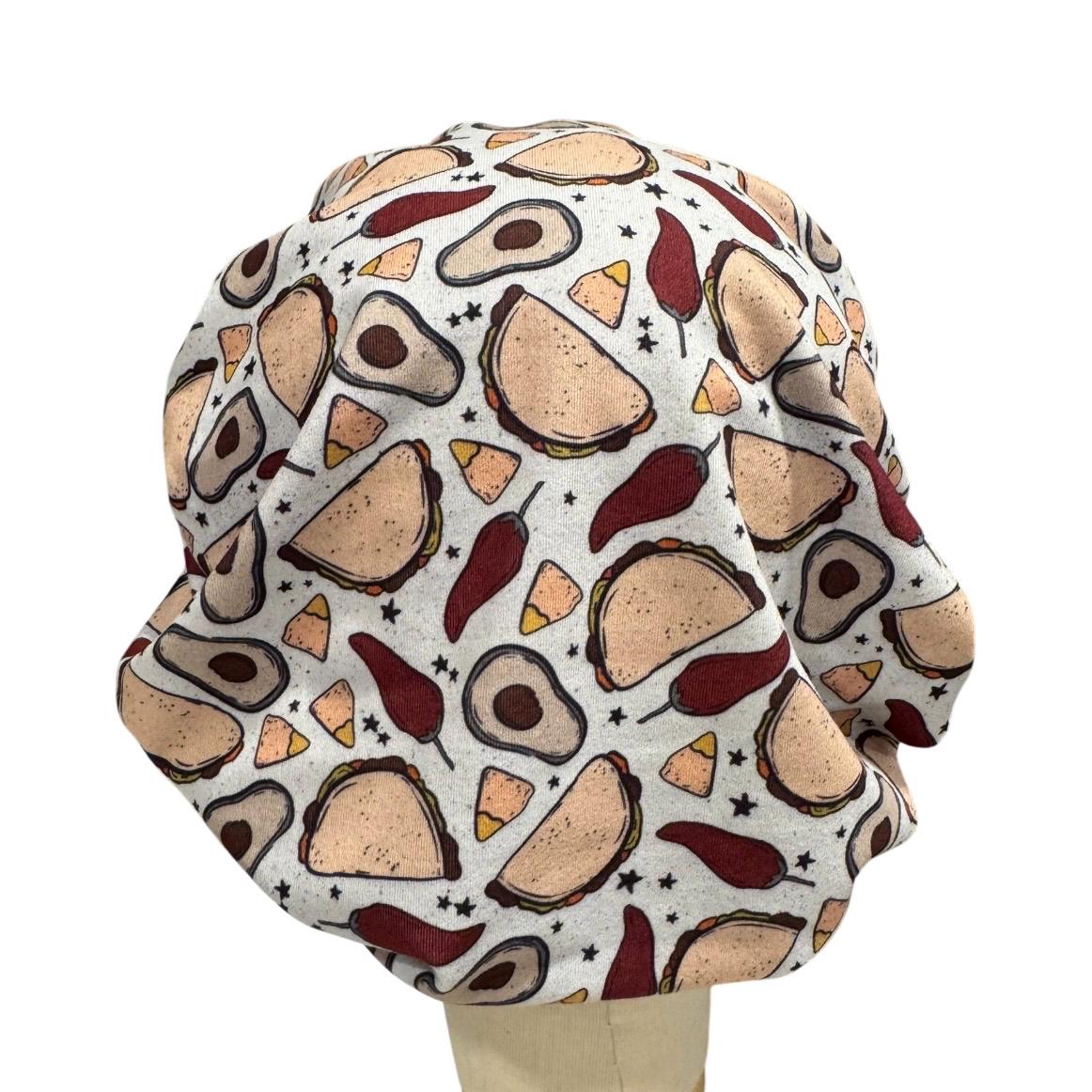 Taco Bouffant Scrub Cap, Fiesta Surgical Hat, Mexican Food Scrub Cap, Nurse Scrub Hat