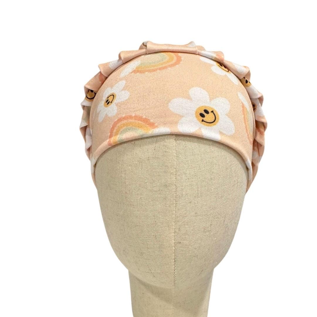 Smiley Daisy Bouffant Scrub Cap, Rainbow Floral Surgical Hat, Retro Nurse Scrub Cap, Women’s Scrub Hat