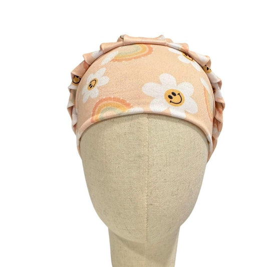 Smiley Daisy Bouffant Scrub Cap, Rainbow Floral Surgical Hat, Retro Nurse Scrub Cap, Women’s Scrub Hat