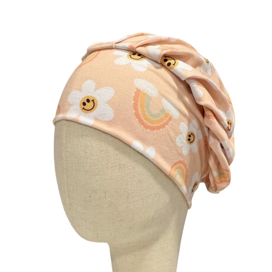 Smiley Daisy Bouffant Scrub Cap, Rainbow Floral Surgical Hat, Retro Nurse Scrub Cap, Women’s Scrub Hat