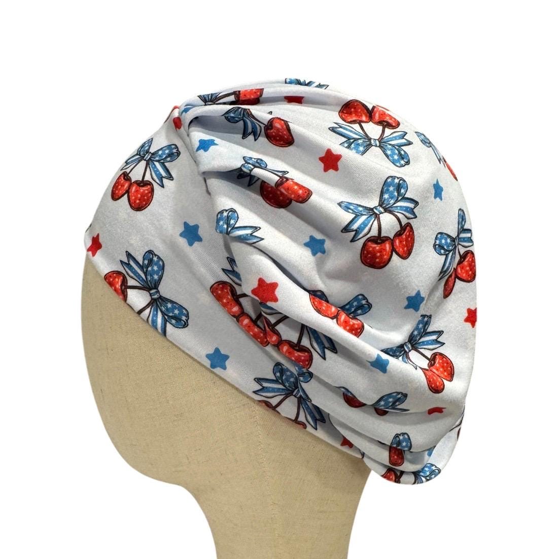 Patriotic Cherry Bouffant Scrub Cap | 4th of July Nurse Hat | Red White Blue Surgical Cap | Women’s OR Scrub Hat