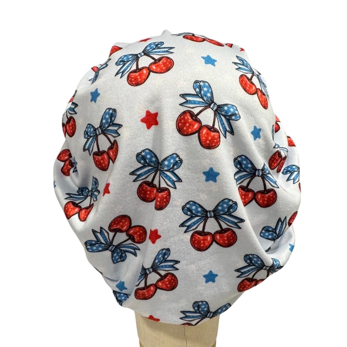 Patriotic Cherry Bouffant Scrub Cap | 4th of July Nurse Hat | Red White Blue Surgical Cap | Women’s OR Scrub Hat
