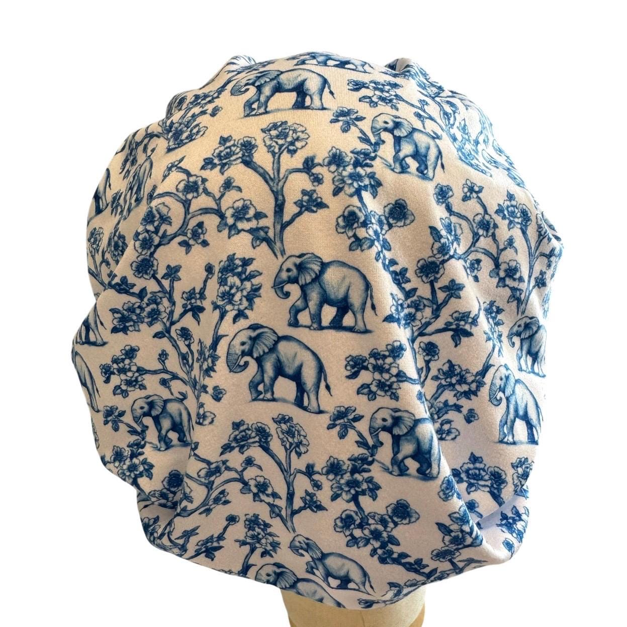 Elephant Bouffant scrub Cap, Blue Toile Surgical Hat, OR Cap