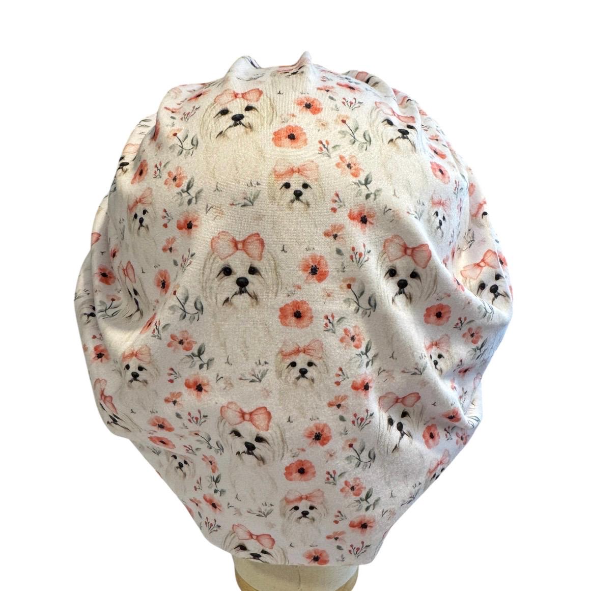 Maltese Bouffant Scrub Cap, Cute Dog Headband Style Surgical Hat, OR Cap