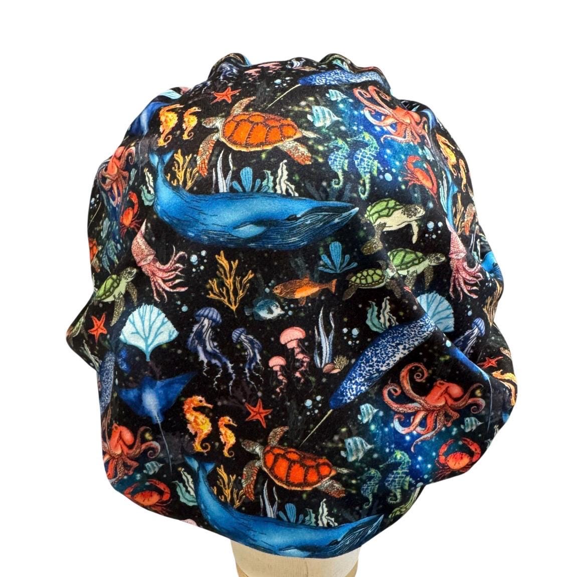 Ocean Life Bouffant Scrub Cap | Sea Turtle Surgical Cap On Black, Headband Style OR Hat
