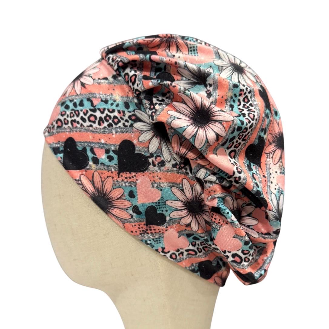 Daisy Bouffant Scrub Cap | Floral Nurse Scrub Hat | Pink Leopard Surgical Cap