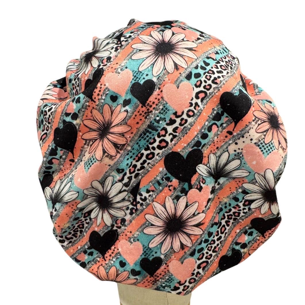 Daisy Bouffant Scrub Cap | Floral Nurse Scrub Hat | Pink Leopard Surgical Cap