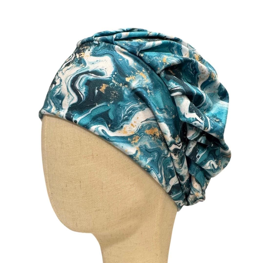 Turquoise White Gold Marble Bouffant Scrub Cap | Abstract Surgical Cap | Nurse Scrub Hat