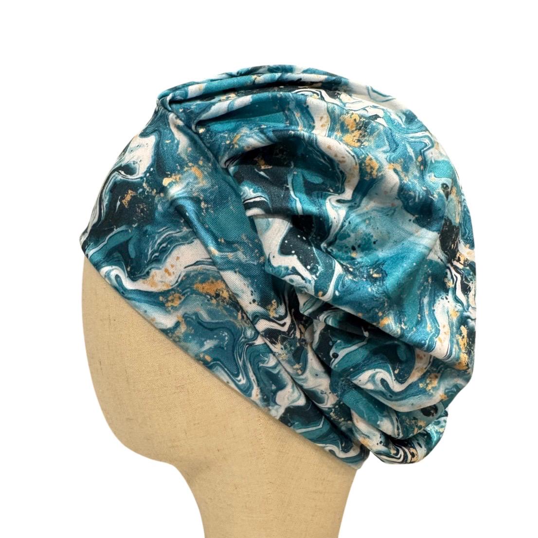 Turquoise White Gold Marble Bouffant Scrub Cap | Abstract Surgical Cap | Nurse Scrub Hat