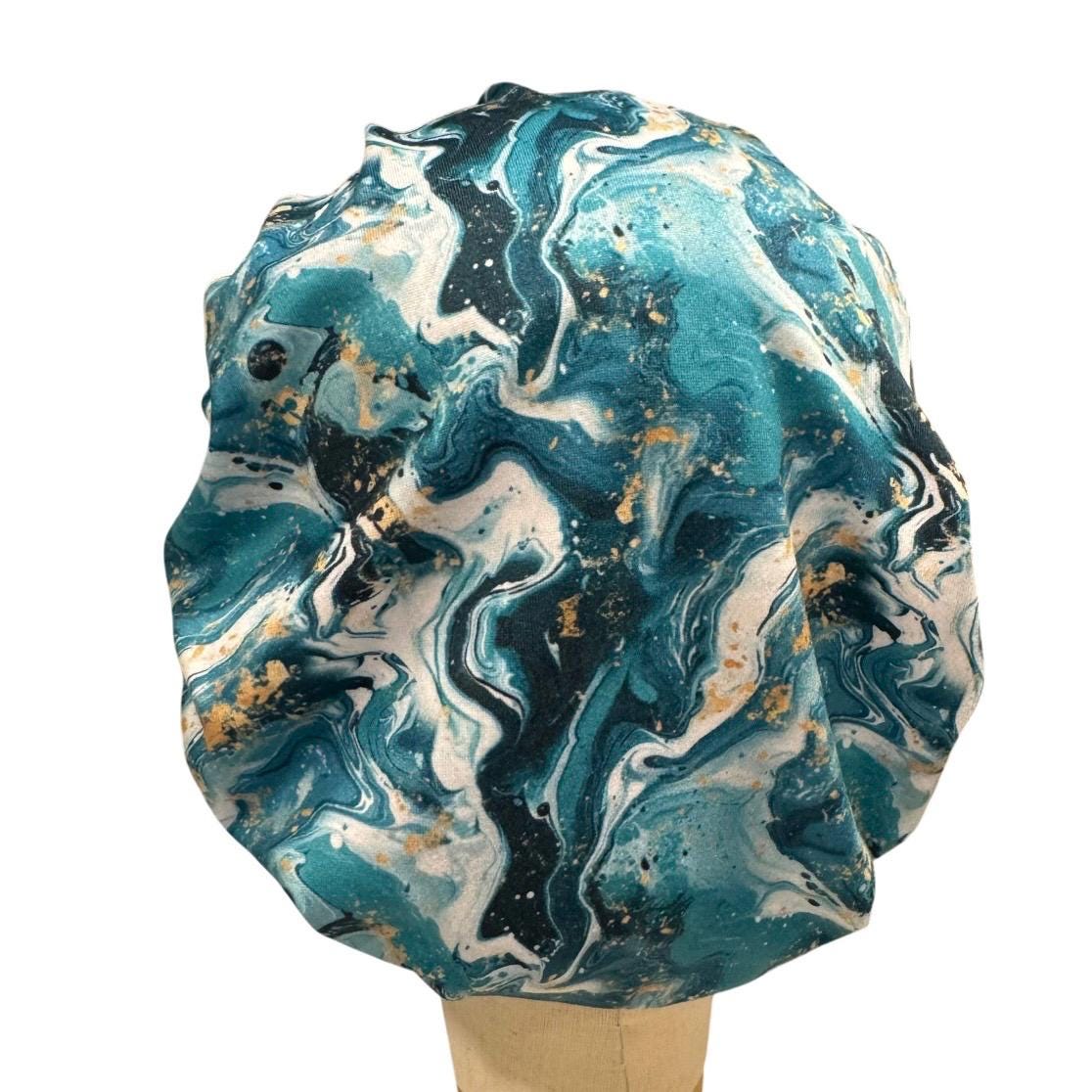 Turquoise White Gold Marble Bouffant Scrub Cap | Abstract Surgical Cap | Nurse Scrub Hat