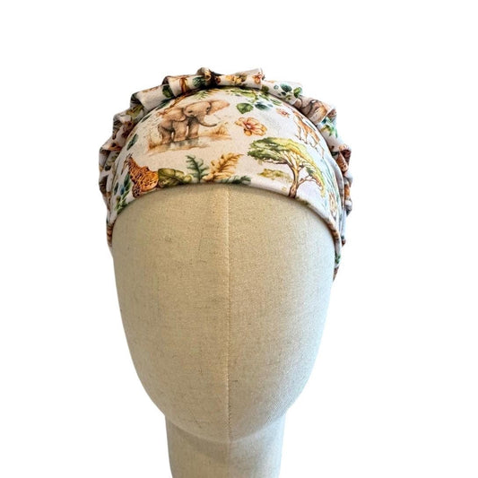 Safari Animal Bouffant Scrub Cap, Headband Style Surgical Hat, OR Cap, Jungle Nurse Scrub Hat on white