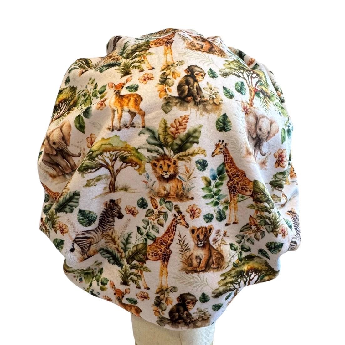 Safari Animal Bouffant Scrub Cap, Headband Style Surgical Hat, OR Cap, Jungle Nurse Scrub Hat on white