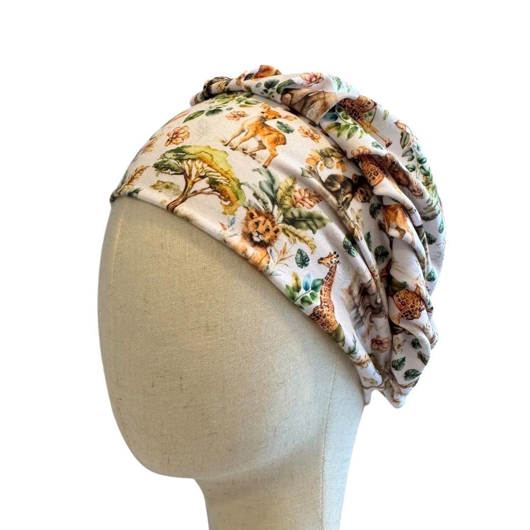 Safari Animal Bouffant Scrub Cap, Headband Style Surgical Hat, OR Cap, Jungle Nurse Scrub Hat on white