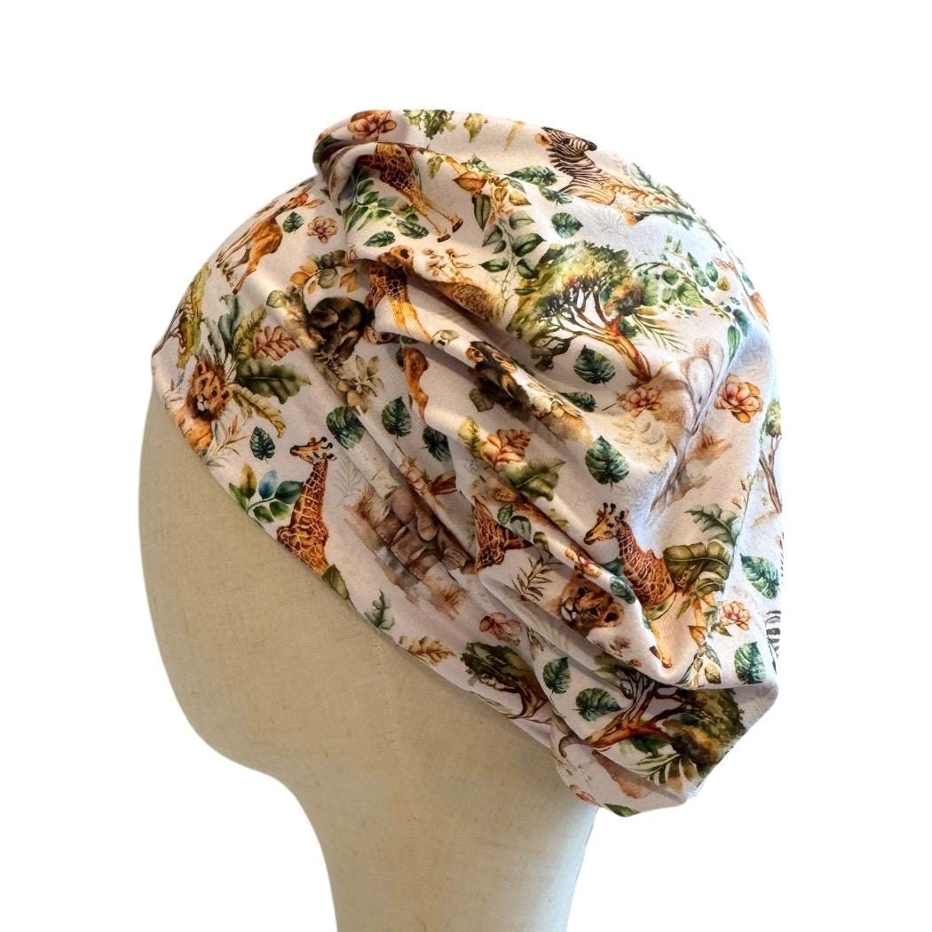 Safari Animal Bouffant Scrub Cap, Headband Style Surgical Hat, OR Cap, Jungle Nurse Scrub Hat on white