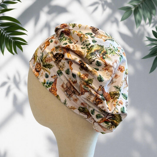 Safari Animal Bouffant Scrub Cap, Headband Style Surgical Hat, OR Cap, Jungle Nurse Scrub Hat on white