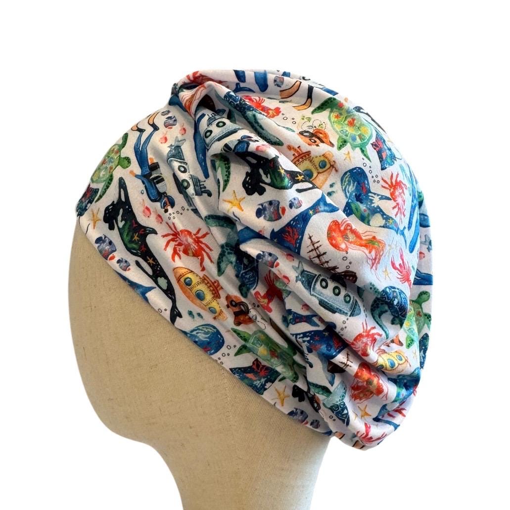 Ocean Bouffant Scrub Cap, Headband Style Surgical Hat, OR Cap, Sea Life Nurse Scrub Hat