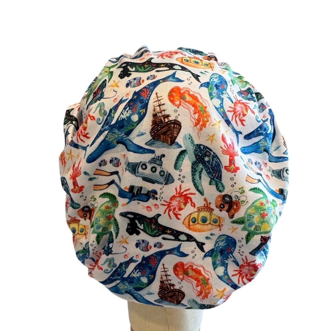 Ocean Bouffant Scrub Cap, Headband Style Surgical Hat, OR Cap, Sea Life Nurse Scrub Hat