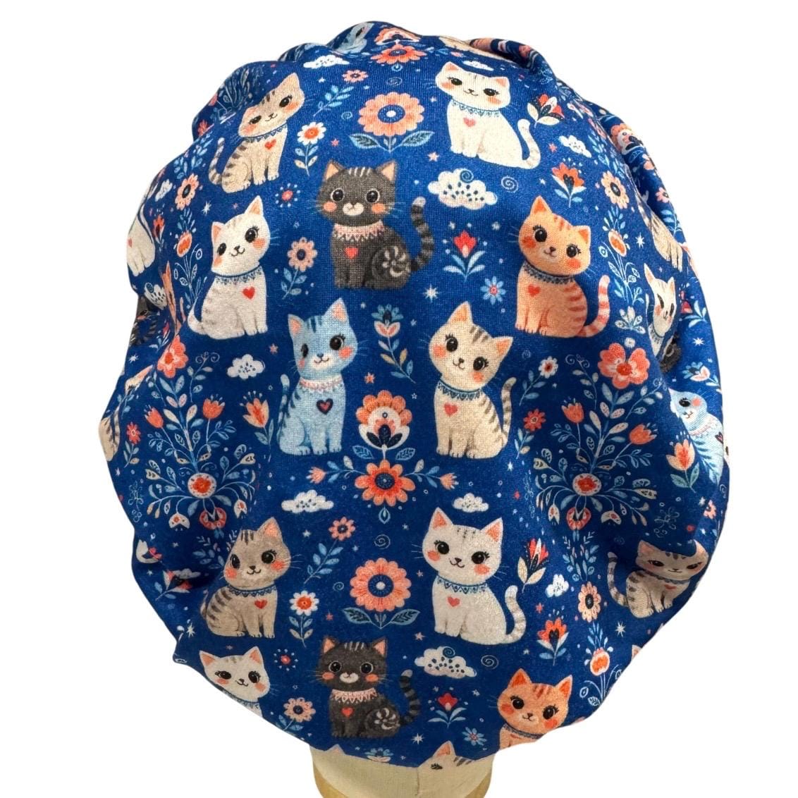 Cats on Blue Bouffant Scrub Cap