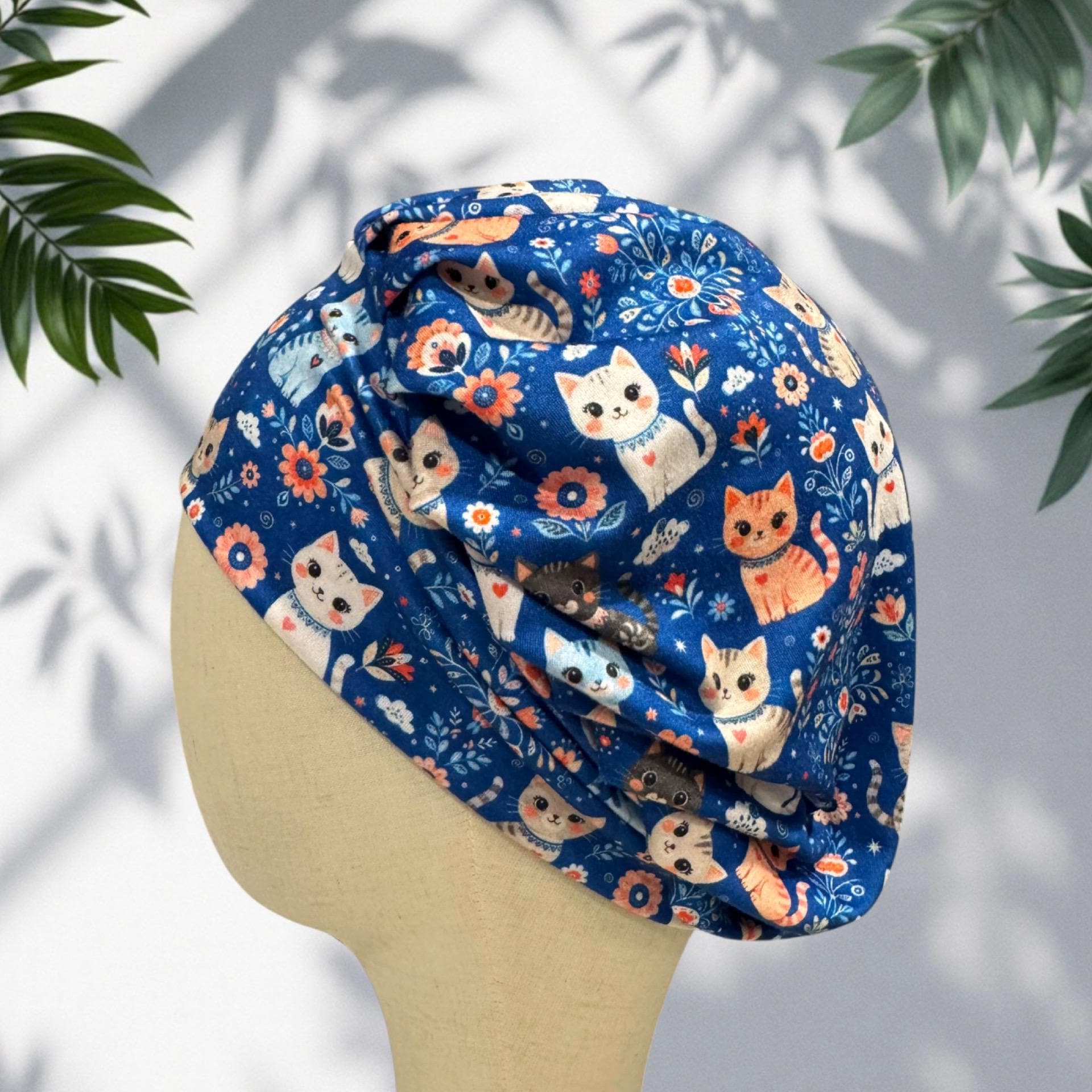Cats on Blue Bouffant Scrub Cap