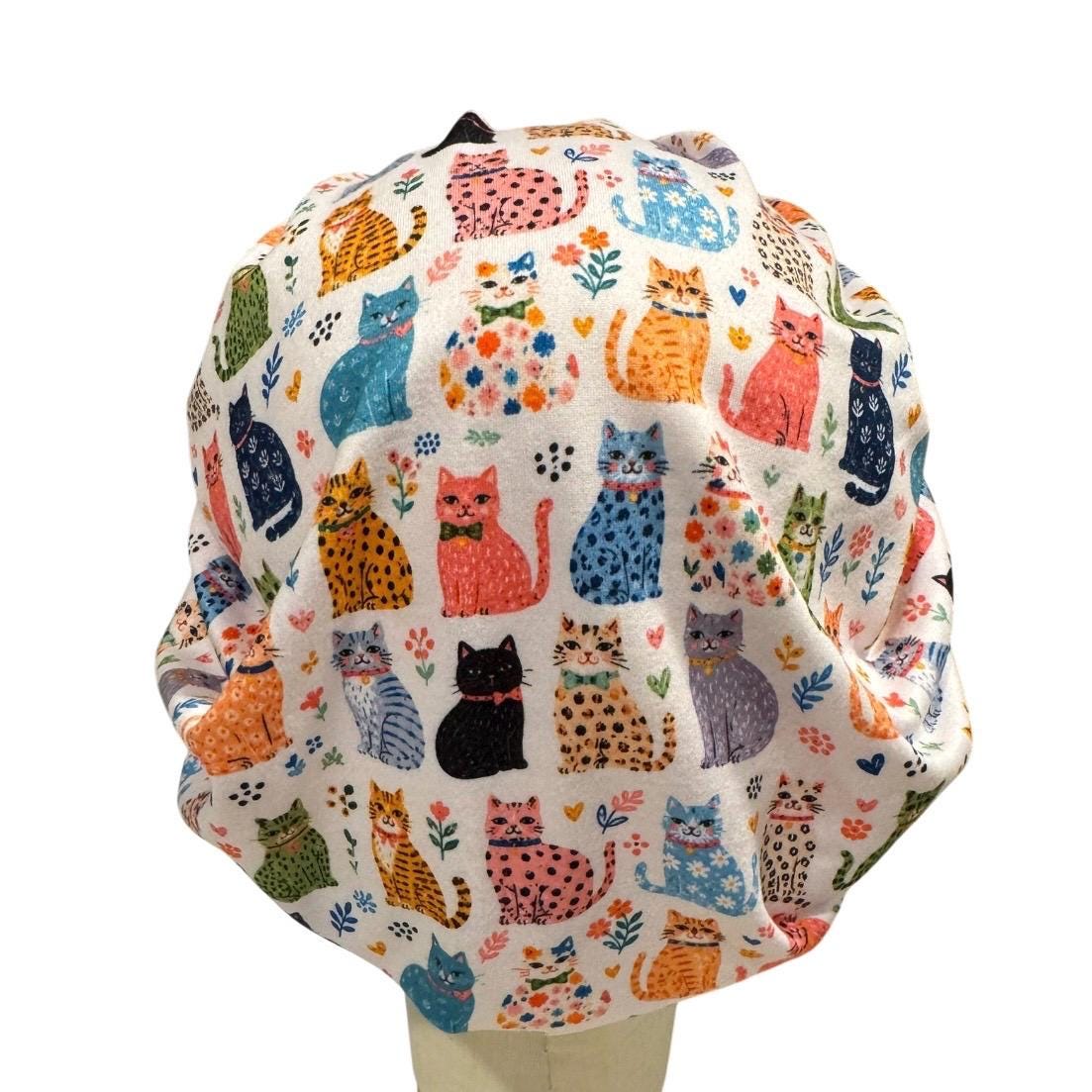 Cats on White Bouffant Scrub Cap