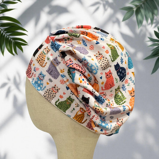 Cats on White Bouffant Scrub Cap