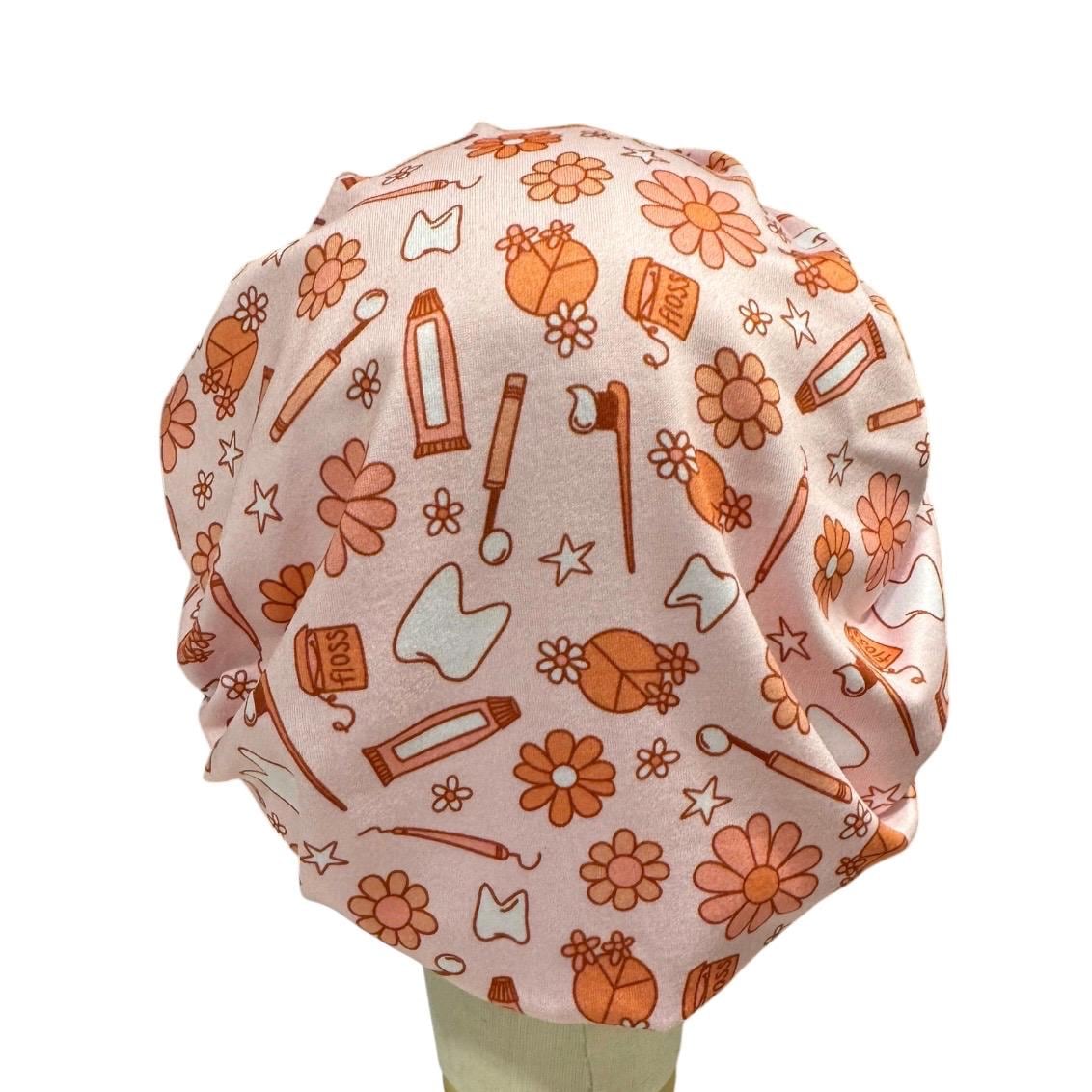 Retro Dental Bouffant Scrub Cap | Pink Floral Dentist Scrub Hat | Dental Hygienist Surgical Cap