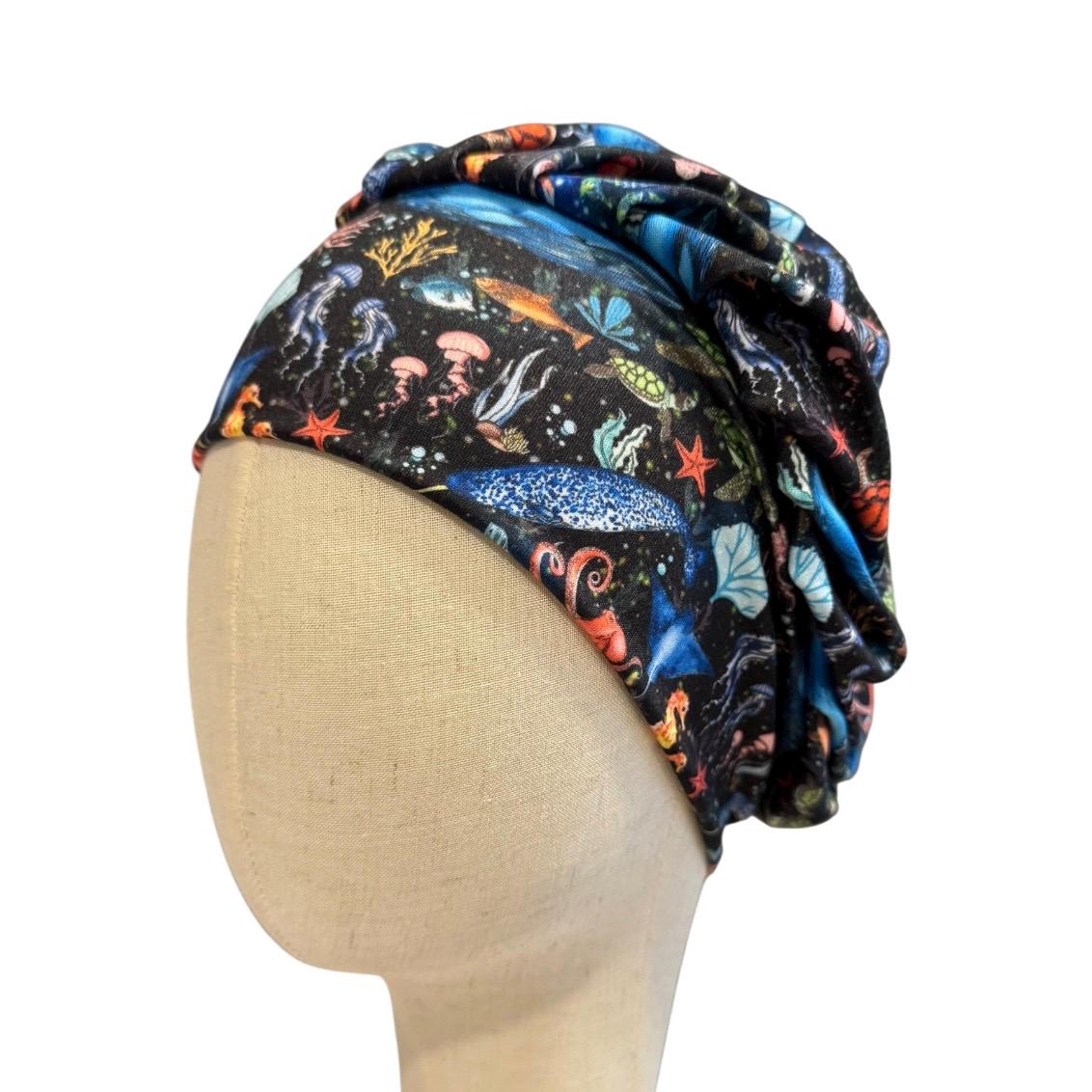 Ocean Life Bouffant Scrub Cap | Sea Turtle Surgical Cap On Black, Headband Style OR Hat