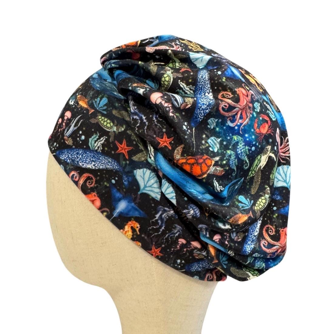 Ocean Life Bouffant Scrub Cap | Sea Turtle Surgical Cap On Black, Headband Style OR Hat