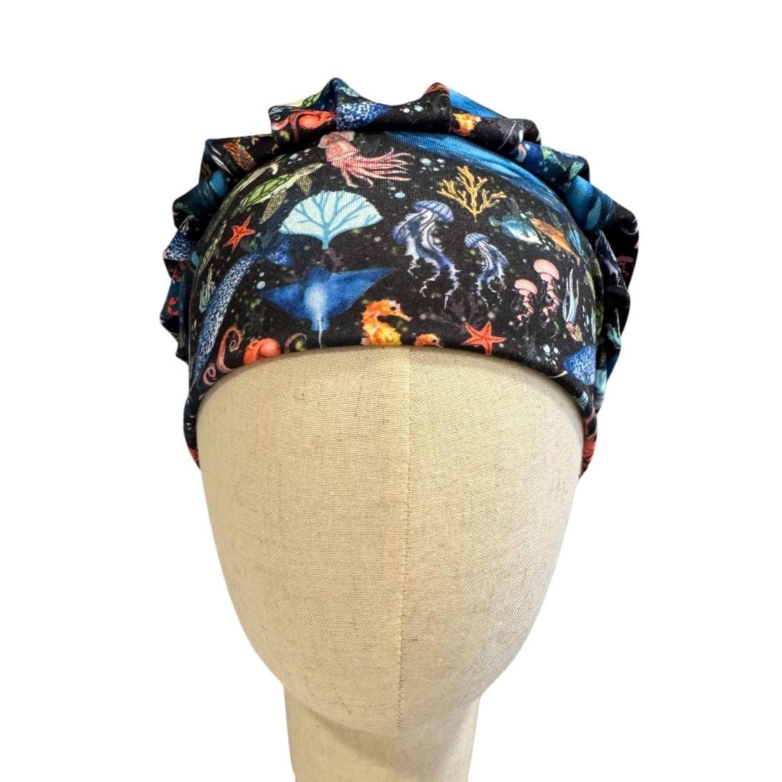 Ocean Life Bouffant Scrub Cap | Sea Turtle Surgical Cap On Black, Headband Style OR Hat