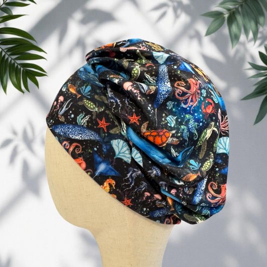 Ocean Life Bouffant Scrub Cap | Sea Turtle Surgical Cap On Black, Headband Style OR Hat