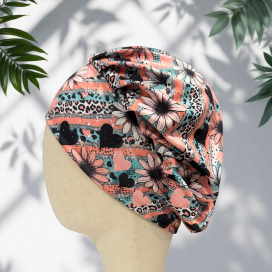 Daisy Bouffant Scrub Cap | Floral Nurse Scrub Hat | Pink Leopard Surgical Cap