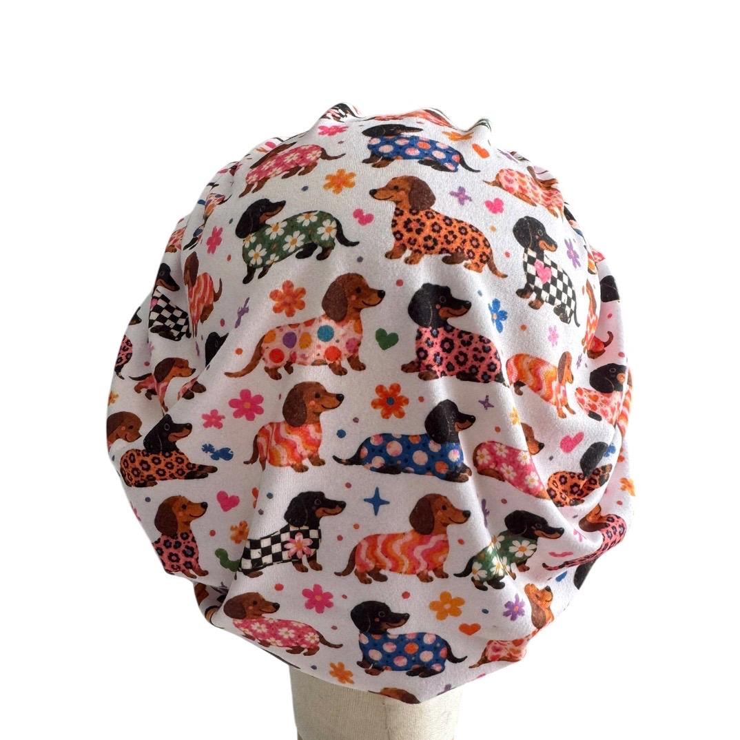 Dachshund Floral Bouffant Scrub Cap, Dog Surgical Scrub Cap