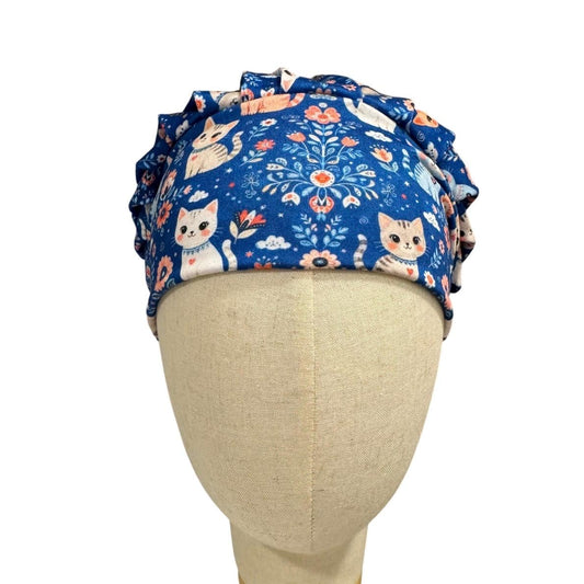 Cats on Blue Bouffant Scrub Cap