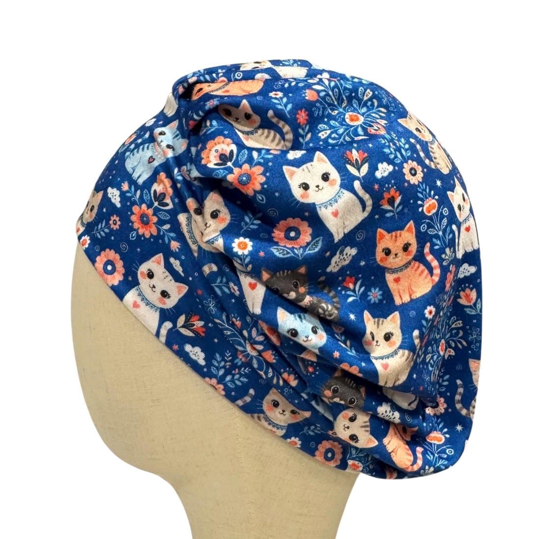 Cats on Blue Bouffant Scrub Cap