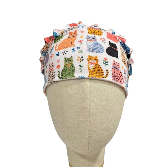 Cats on White Bouffant Scrub Cap