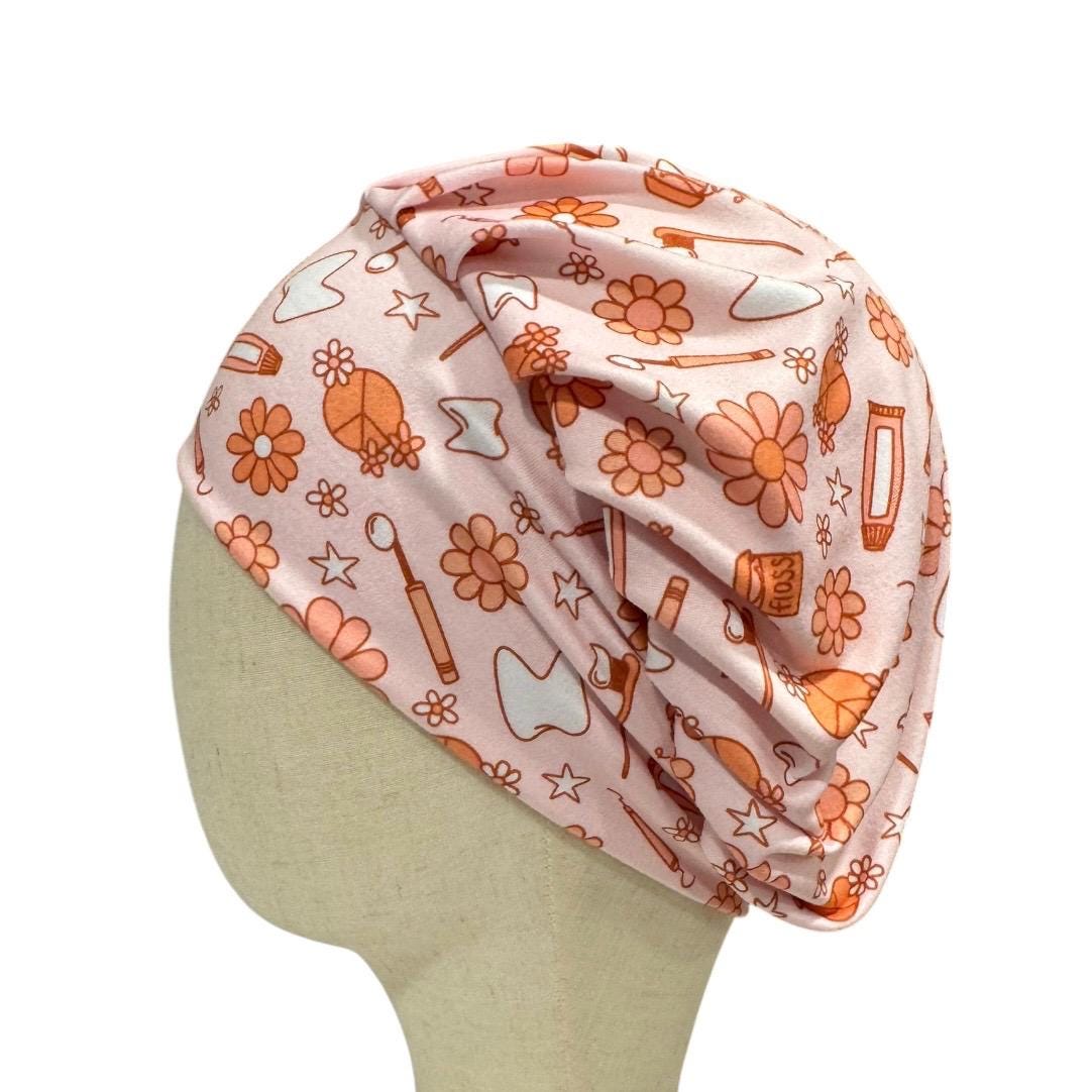 Retro Dental Bouffant Scrub Cap | Pink Floral Dentist Scrub Hat | Dental Hygienist Surgical Cap